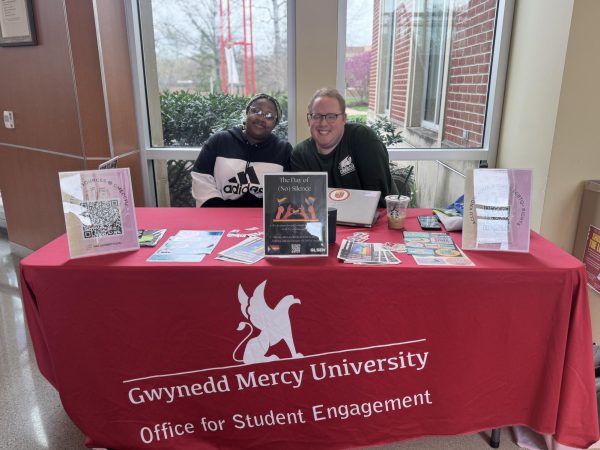 GMercyU's student engagement set up in University Hall to provide resources on GLSEN's "Day of (No) Silence". 